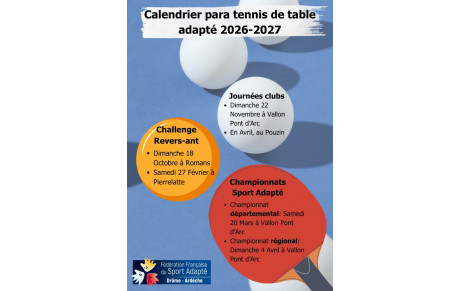 Calendrier Para Tennis de Table Adapté 2026-2027